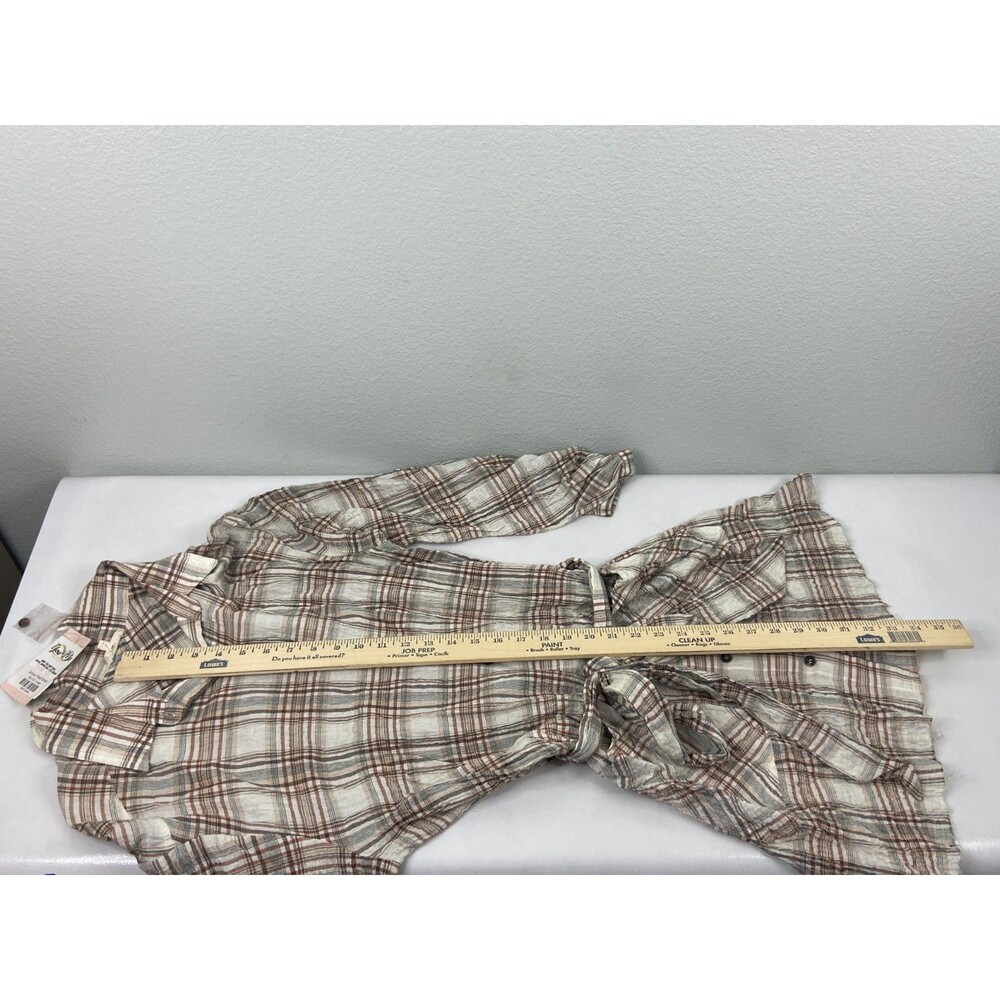 Mainstrip Women Large Plaid Shirt Dress Brown Beige Tie Belt Western Cowgirl - Picture 8 of 8
